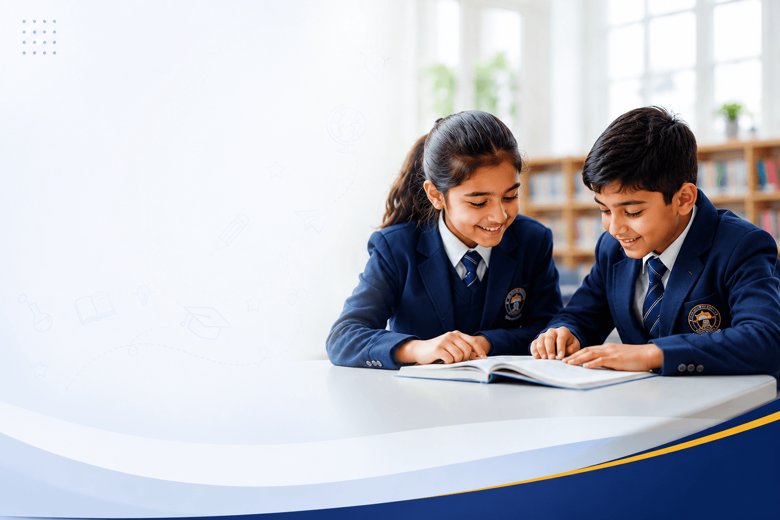 Two students reading together in the school library
